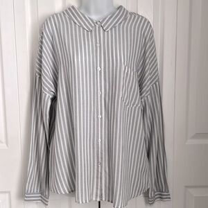 Coffee Bean Grey/ White Striped Button‎ Up Shirt Top Size M